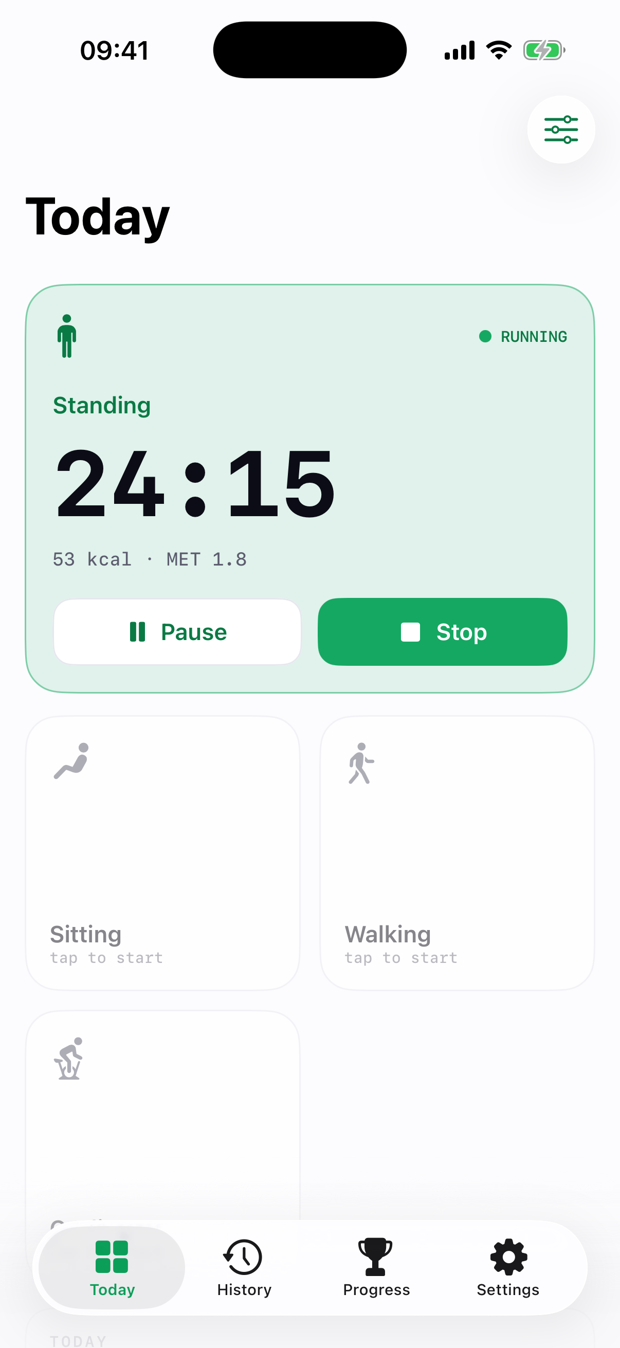 DeskMode running a standing timer with live calories