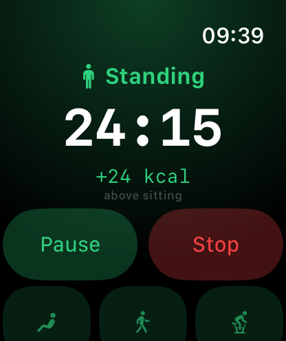 DeskMode on Apple Watch running a session: big timer, plus 24 kcal above sitting, Pause and Stop, quick-switch glyphs