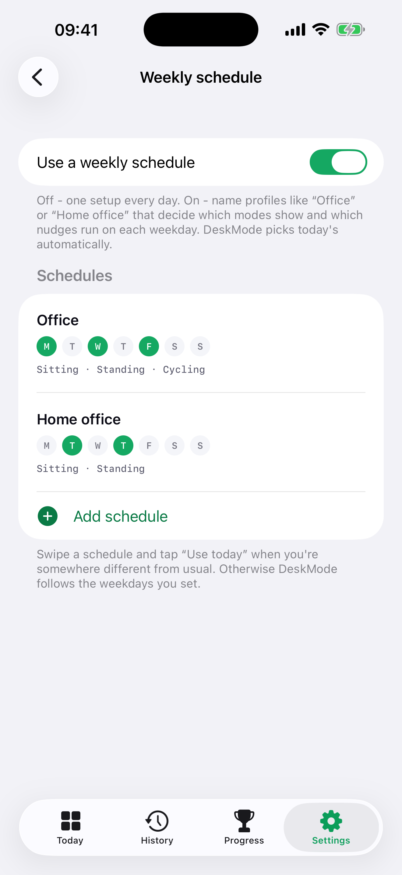 Weekly profile schedule setting the modes for each day